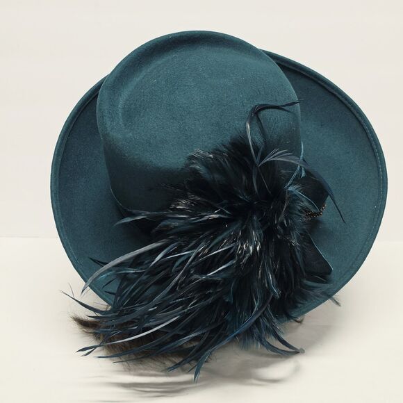 Vintage Plaza Suite NY Teal Wool Formal Hat Feathers Accent Church Evening Derby